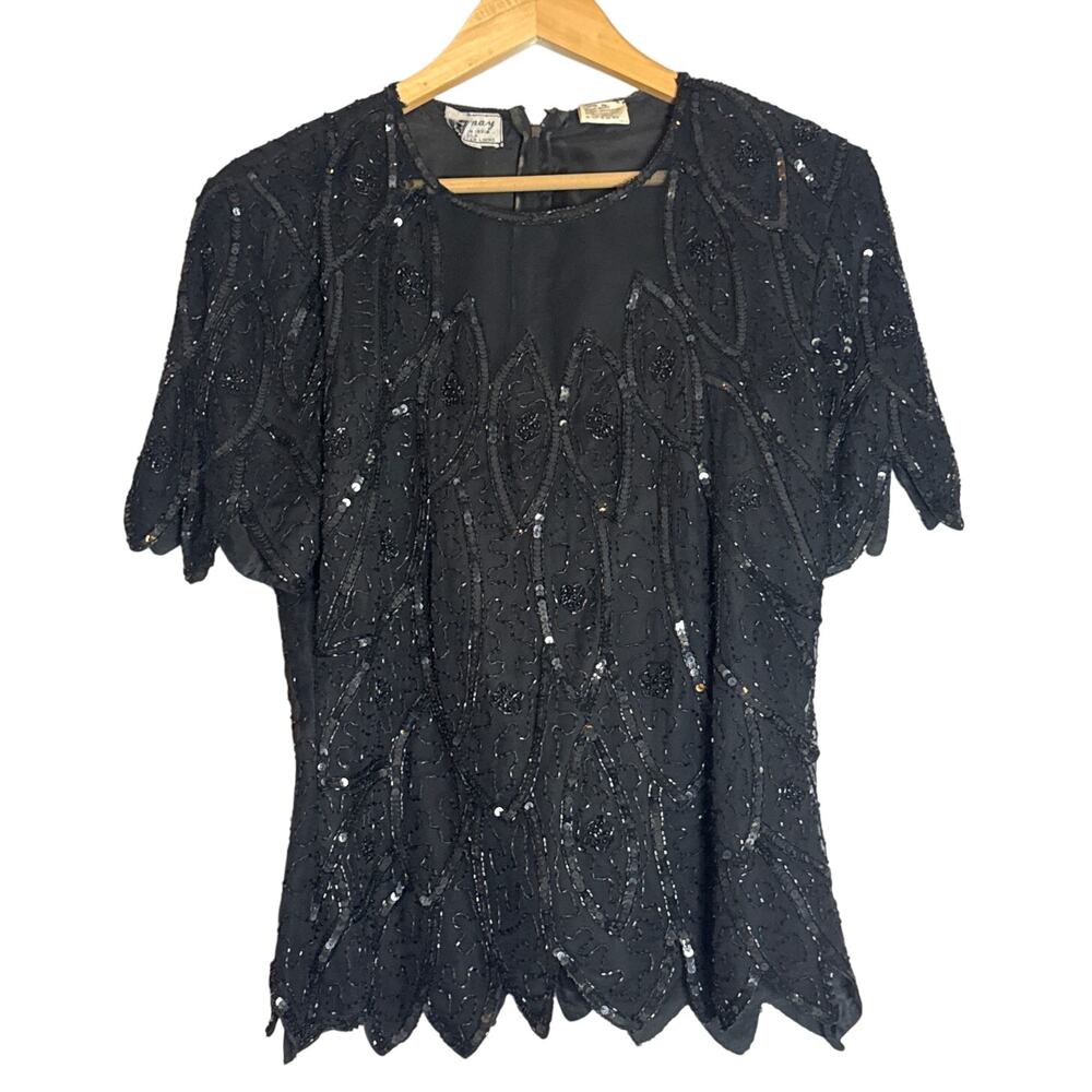 Vintage Silk Black Beaded Sequin Top 80s Glam Womens Medium Cocktail Stenay